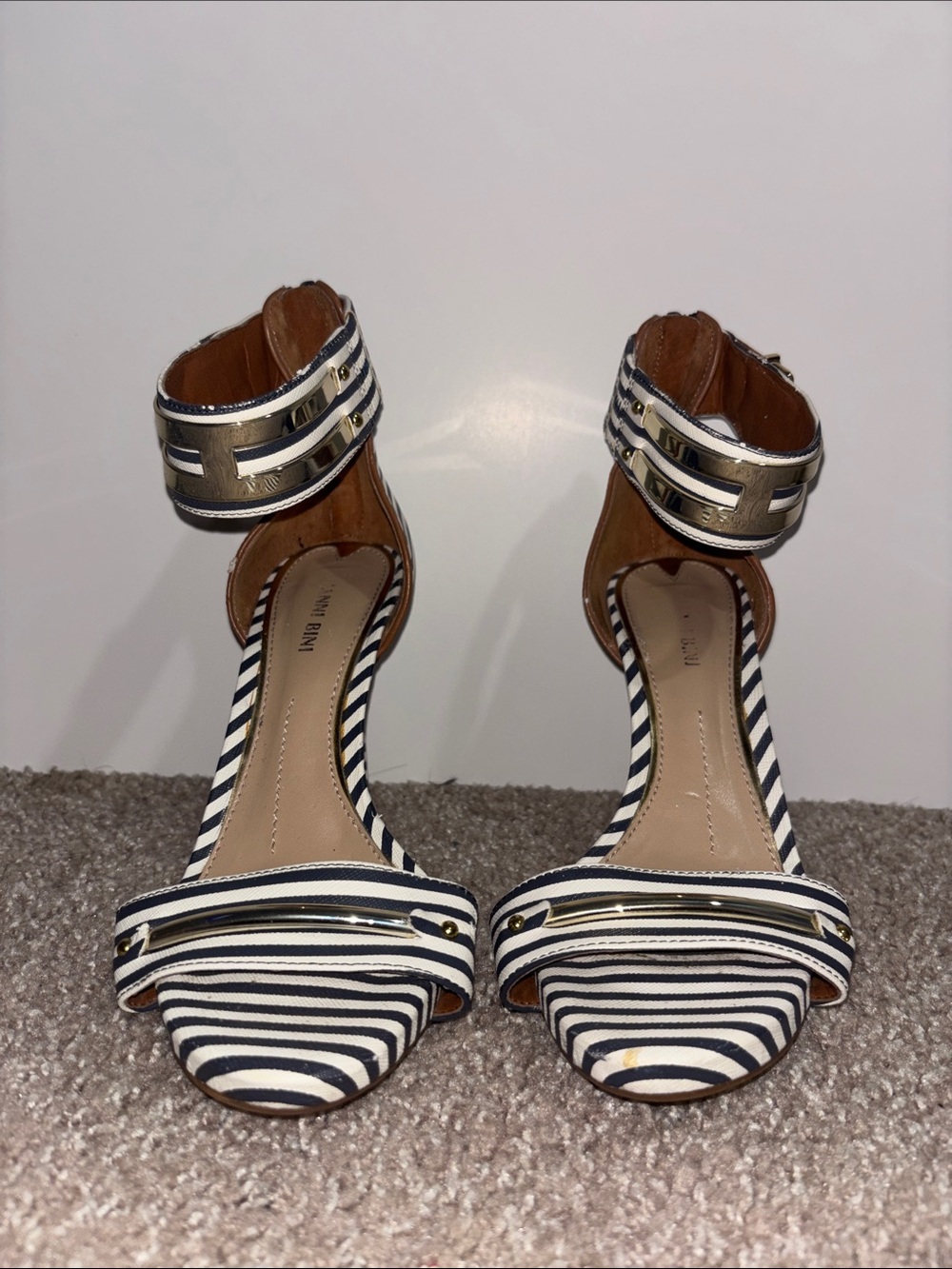 Gianni Bini Striped Navy and White Ankle-Strap Heels with silver Accents